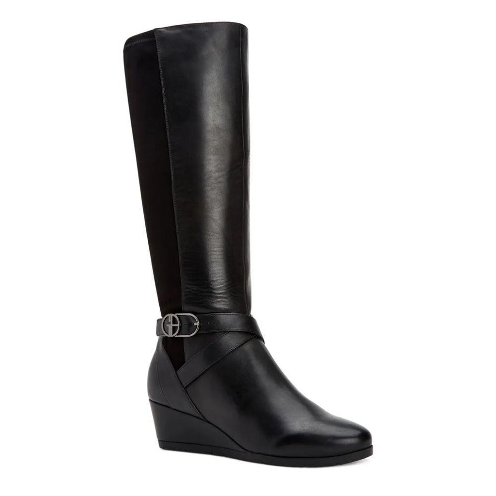 GIANI BERNINI Womens Black Buckle Accent Round Toe Wedge Zip-Up Heeled Boots
